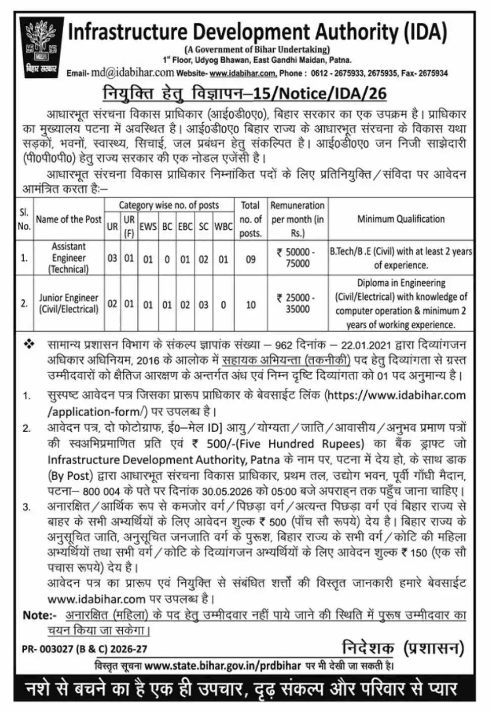 IDA Bihar Vacancy 2026 Details