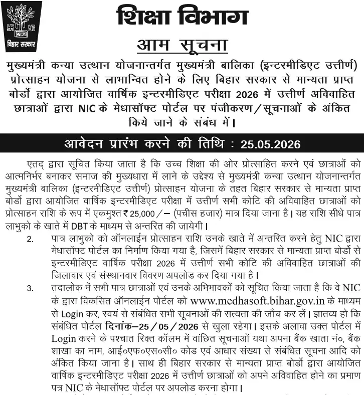 इंटर पास छात्राओं के लिए छात्रवृत्ति