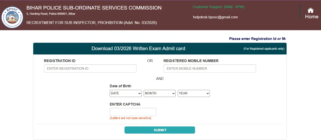 BPSSC Bihar Police SI Prohibition Admit Card 2026