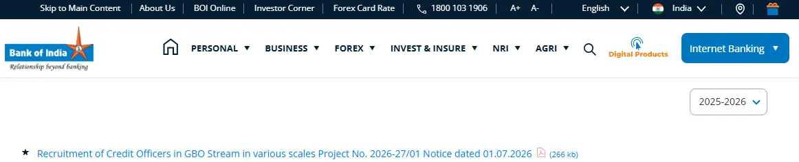 Bank of India Credit Officer Online Form 2026
