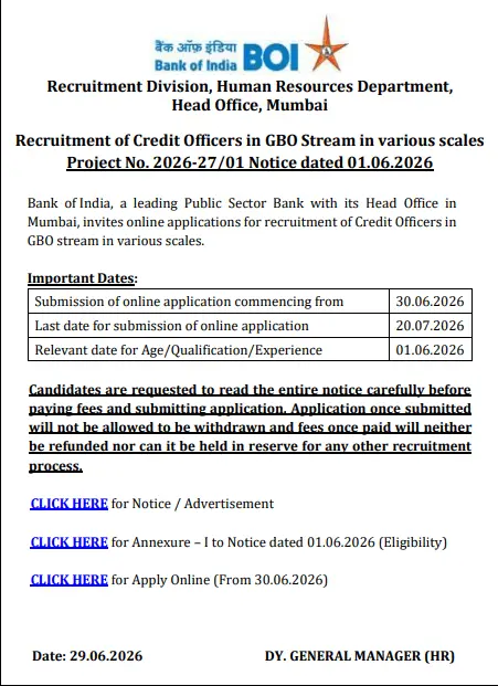 Bank of India Credit Officer Online Form 2026