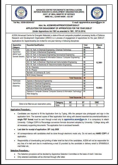 DRDO ACEM Apprentice Vacancy 2026