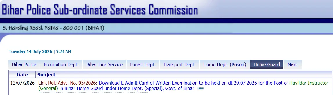 Bihar Police Havaldar Instructor Admit Card 2026