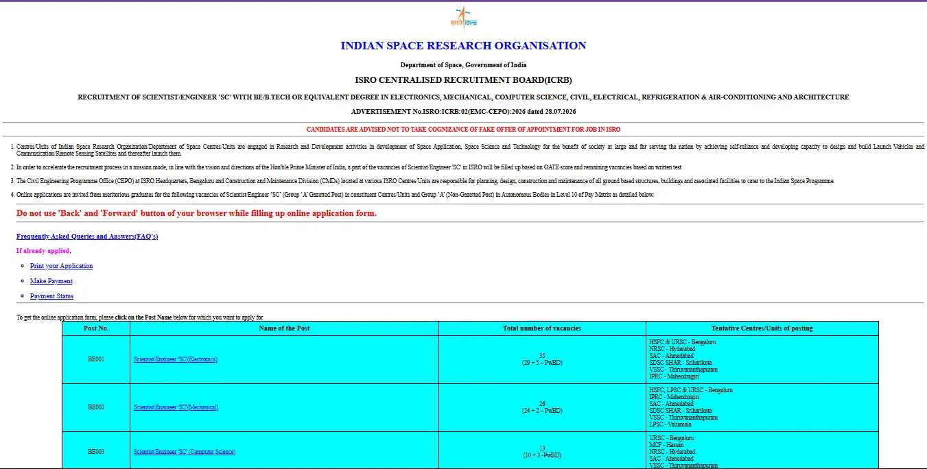 ISRO Scientist/Engineer Recruitment 2026