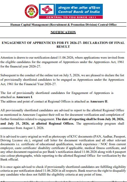 Central Bank of India Apprentice Result 2026