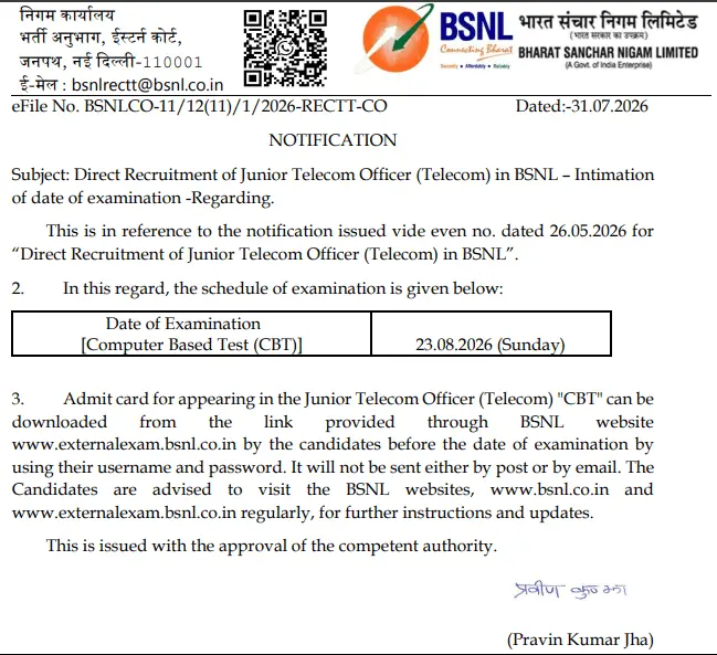 BSNL Junior Telecom Officer (JTO) Admit Card 2026