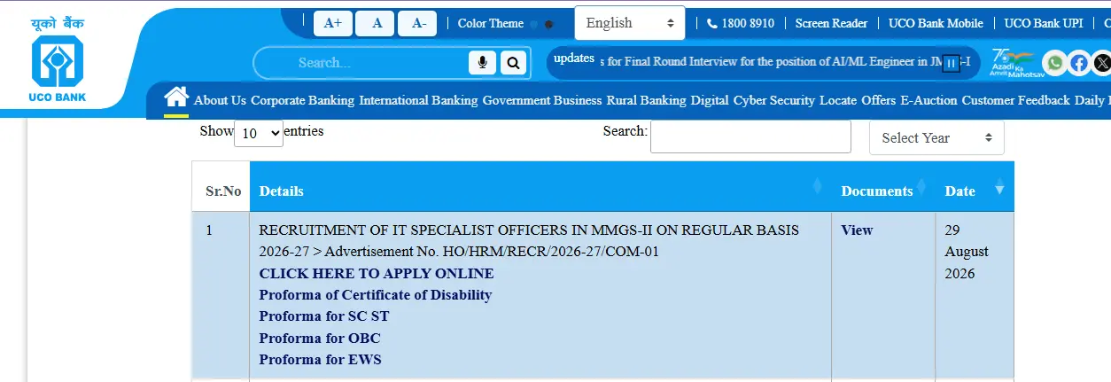 UCO Bank Specialist Officers (SO) Recruitment 2026