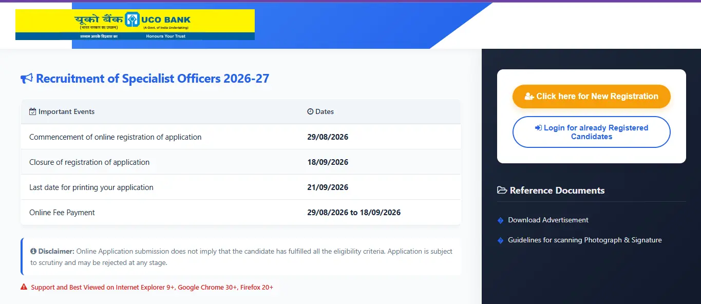 UCO Bank Specialist Officers (SO) Recruitment 2026