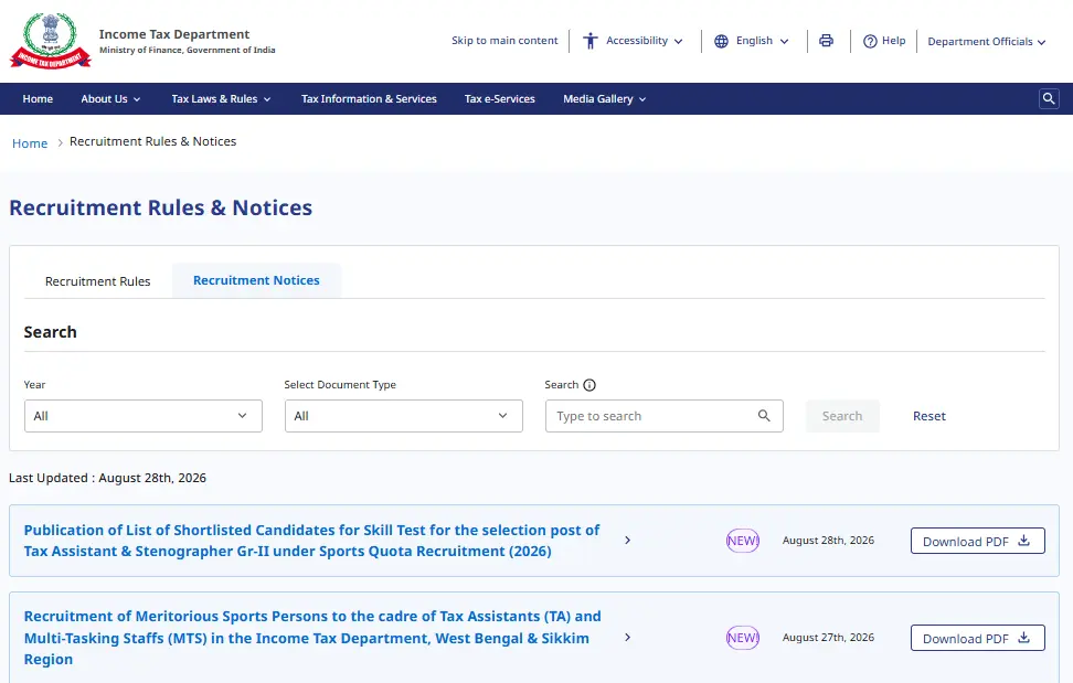 Income Tax West Bengal & Sikkim Sports Quota Recruitment 2026