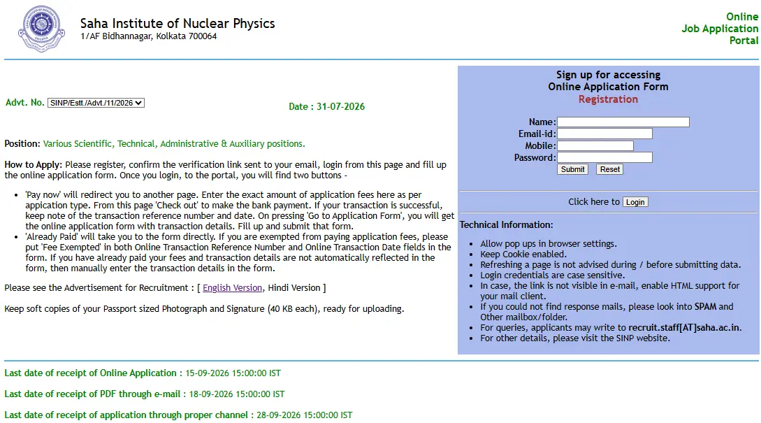 SINP Various Post Recruitment 2026
