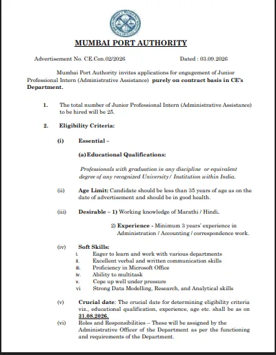 Mumbai Port Junior Professional Intern Recruitment 2026