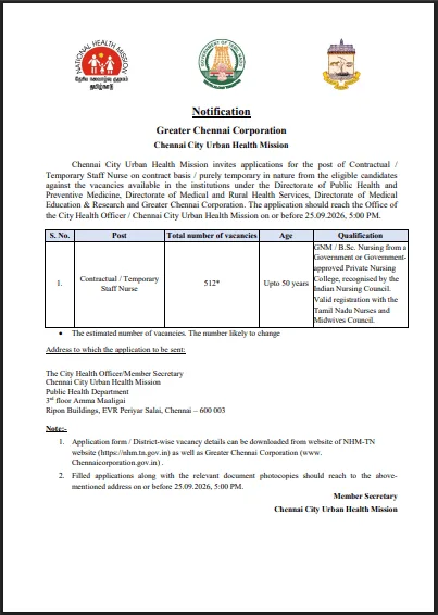 Chennai Staff Nurse Recruitment 2026
