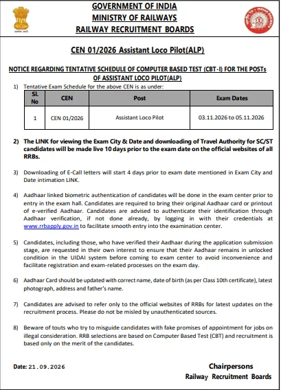 RRB ALP (CEN 01/2026) Admit Card 2026