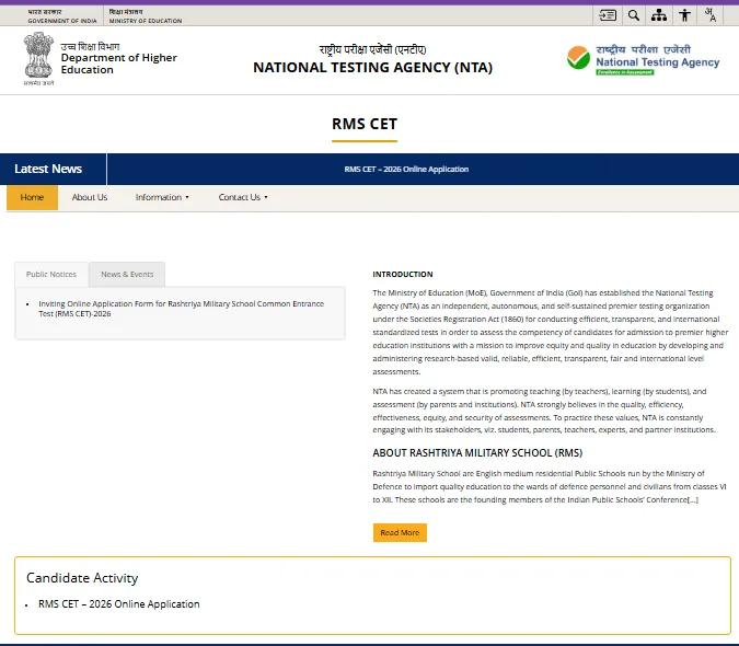 Rashtriya Military School CET Online Form 2026