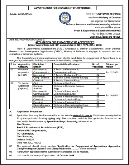 DRDO PXE Apprentice Recruitment 2026