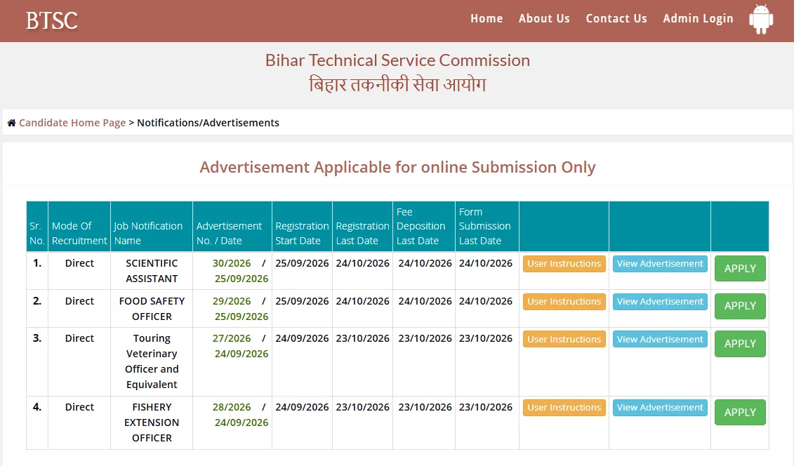 Bihar BTSC Various Posts Online Form 2026