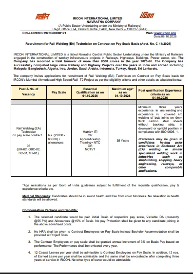 IRCON Rail Welding (EA) Technician Recruitment 2026