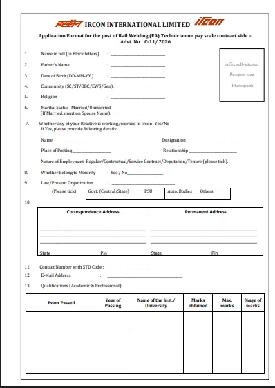 IRCON Rail Welding (EA) Technician Recruitment 2026