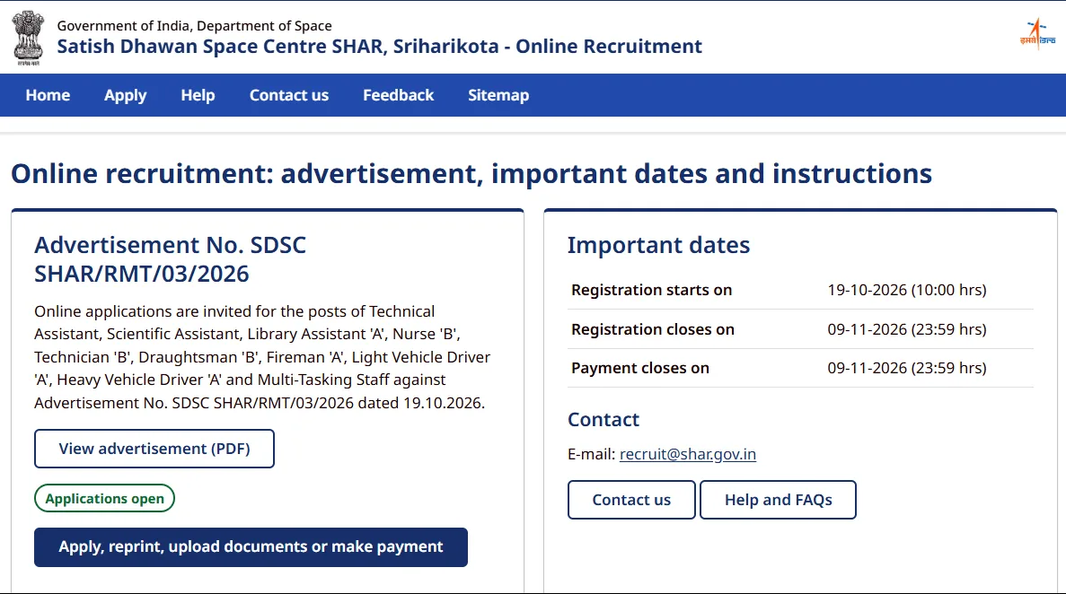 ISRO SDSC SHAR Recruitment 2026