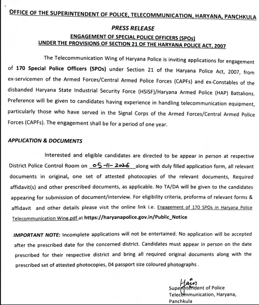 Haryana Panchkula Police SPO Recruitment 2026